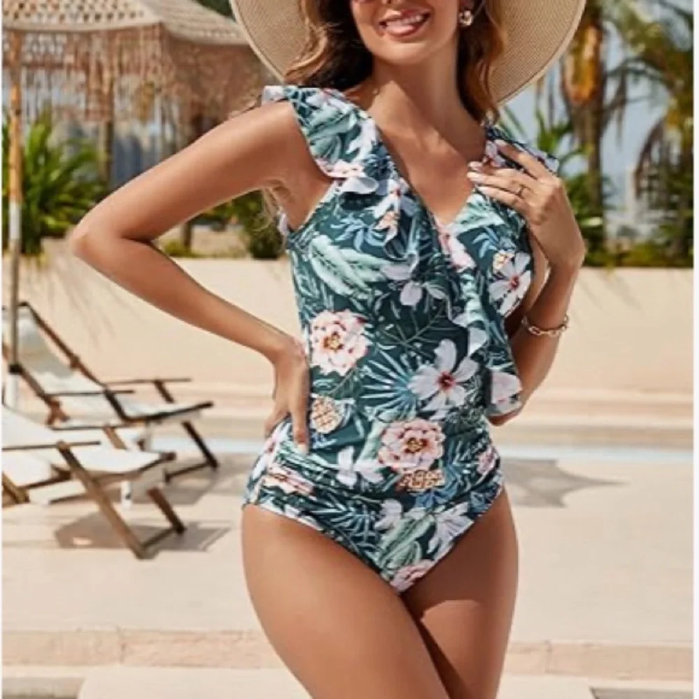Blooming Jelly V-Neck Ruffle Trim Tummy Slimming Swimsuit - Picture 1 of 13